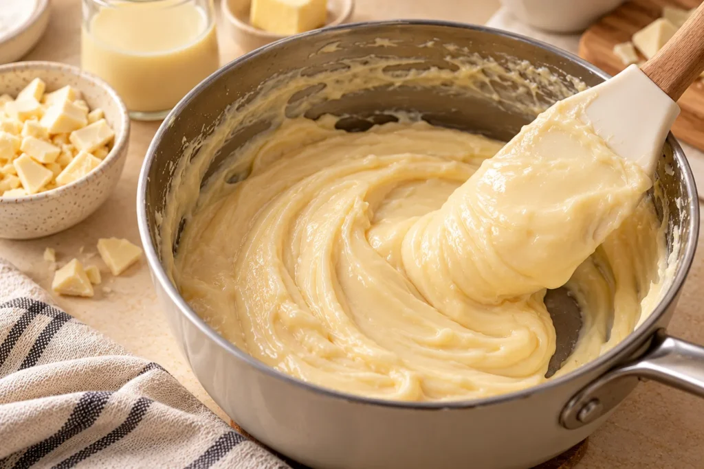 Thick white chocolate brigadeiro filling being stirred in a saucepan for a chocolate strawberry cake.