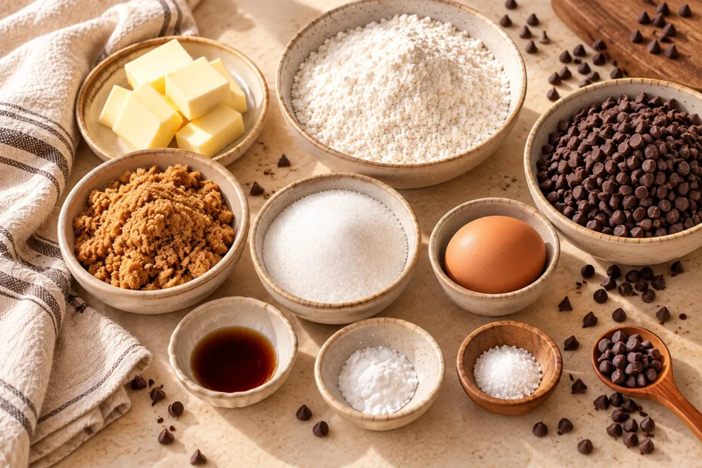 Ingredients for mini chocolate chip cookie bites, including butter, brown sugar, flour, egg, vanilla, and chocolate chips.