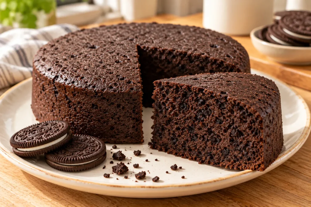 Slice of soft Oreo steamed cake showing its moist chocolate-cookie interior.