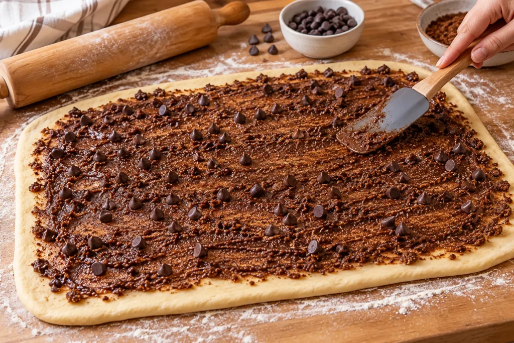 Chocolate cinnamon roll dough spread with cocoa, brown sugar, cinnamon, butter, and chocolate chips.