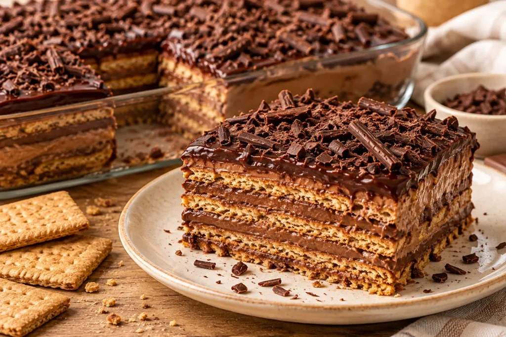No-bake chocolate graham cake with alternating cracker and chocolate cream layers topped with glossy ganache.