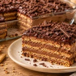 No-bake chocolate graham cake with alternating cracker and chocolate cream layers topped with glossy ganache.