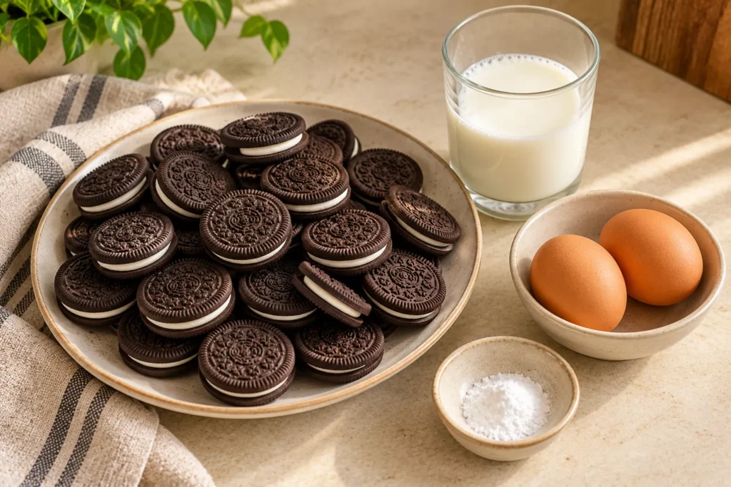 Four ingredients for Oreo steamed cake: chocolate sandwich cookies, milk, eggs, and baking powder.