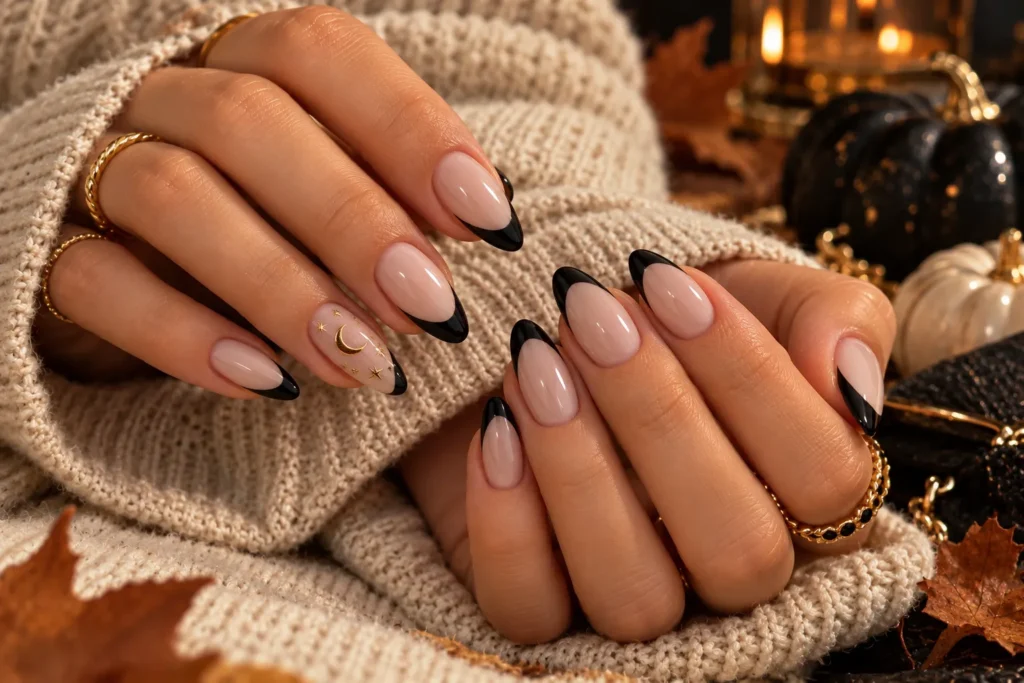 Elegant black French tip nails with subtle Halloween accents