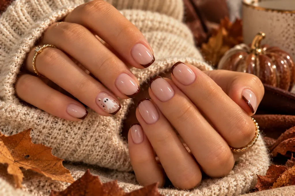 Brown micro-French nails with a tiny Halloween ghost accent