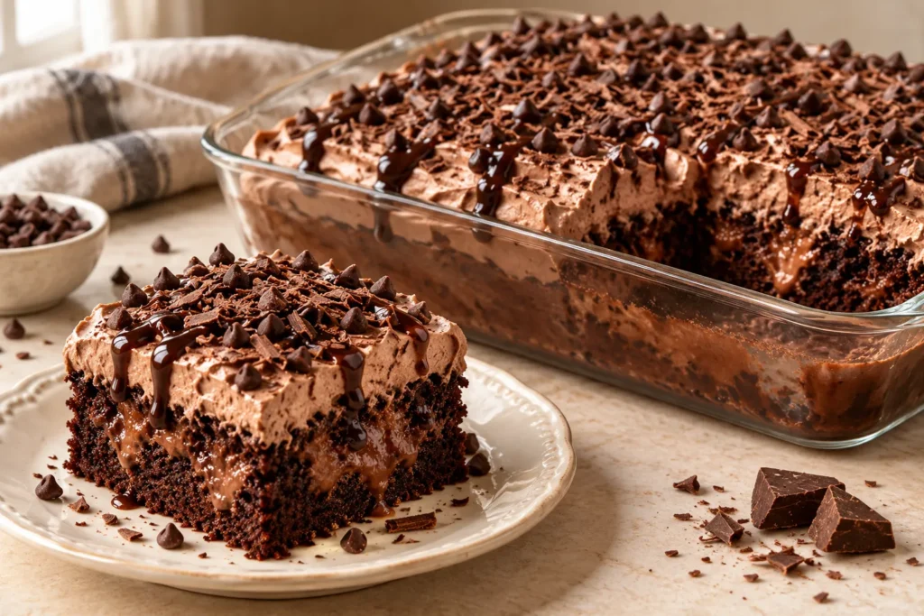 Chocolate cake mix, chocolate pudding, milk, heavy cream, cocoa powder, and chocolate chips arranged for poke cake.