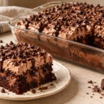 Chocolate cake mix, chocolate pudding, milk, heavy cream, cocoa powder, and chocolate chips arranged for poke cake.