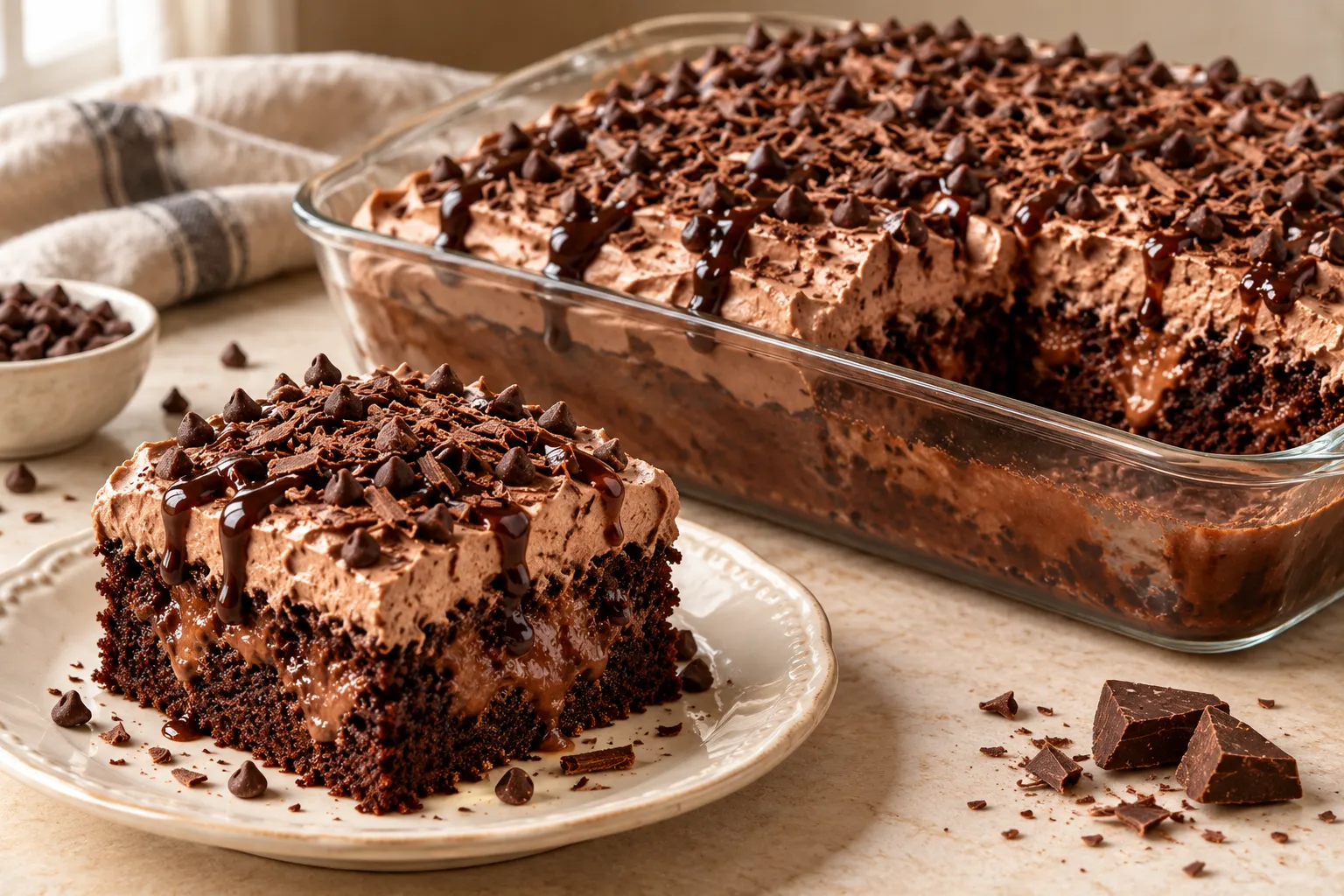 Chocolate cake mix, chocolate pudding, milk, heavy cream, cocoa powder, and chocolate chips arranged for poke cake.