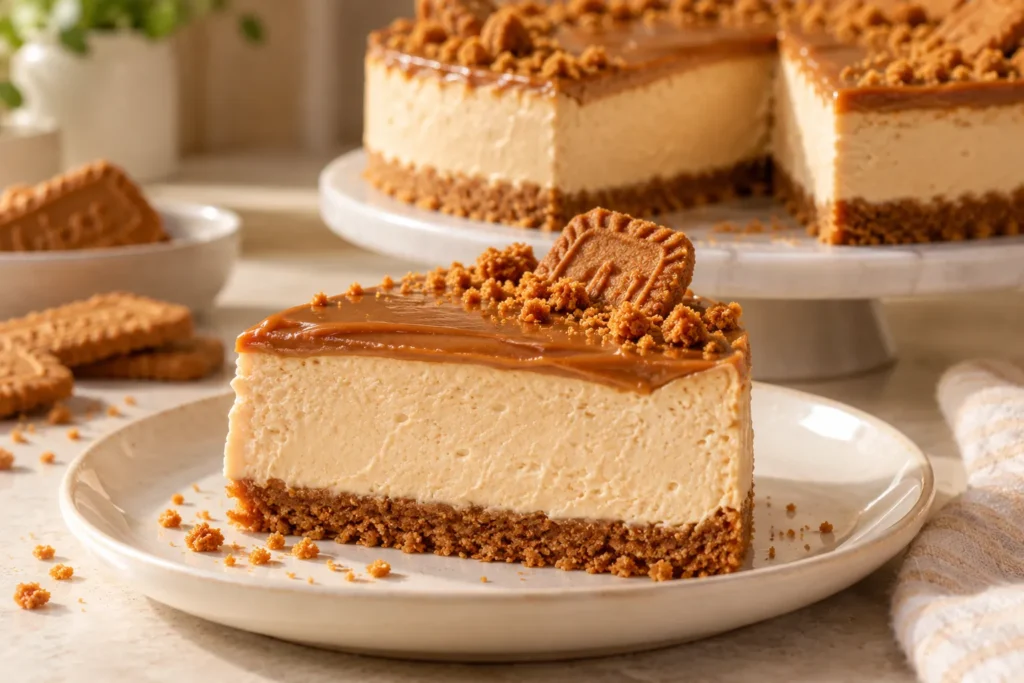 Slice of no-bake Lotus Biscoff cheesecake showing the creamy filling, caramelized biscuit crust, and glossy cookie butter topping.