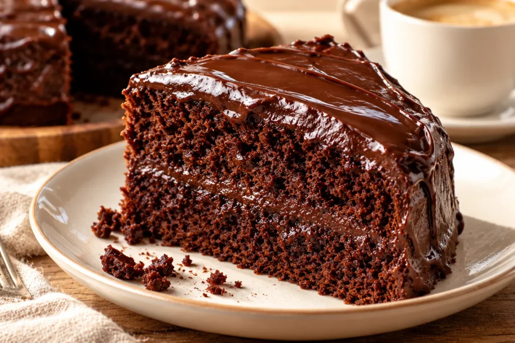 Slice of moist chocolate cake showing its soft interior and glossy chocolate topping.