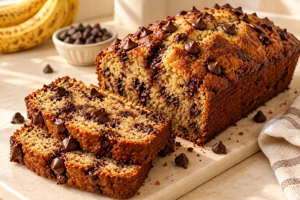 Brown butter chocolate chip banana bread with a golden crust, moist banana crumb, and melted chocolate chips.