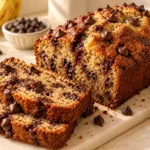 Brown butter chocolate chip banana bread with a golden crust, moist banana crumb, and melted chocolate chips.