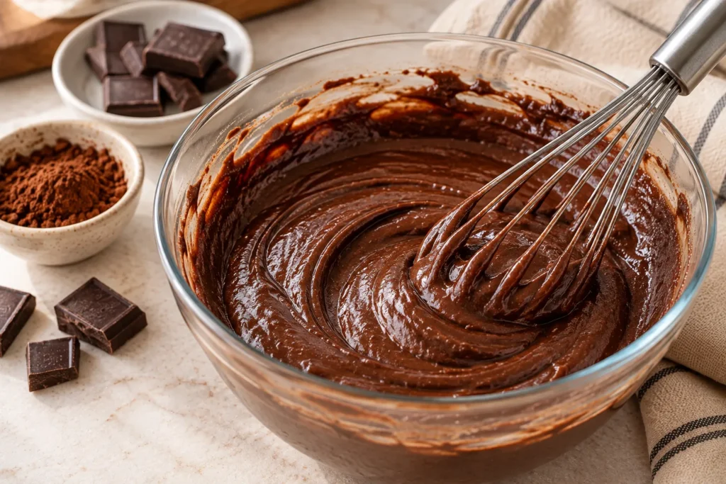 Smooth chocolate batter being mixed for steamed Beng-Beng-inspired brownies.