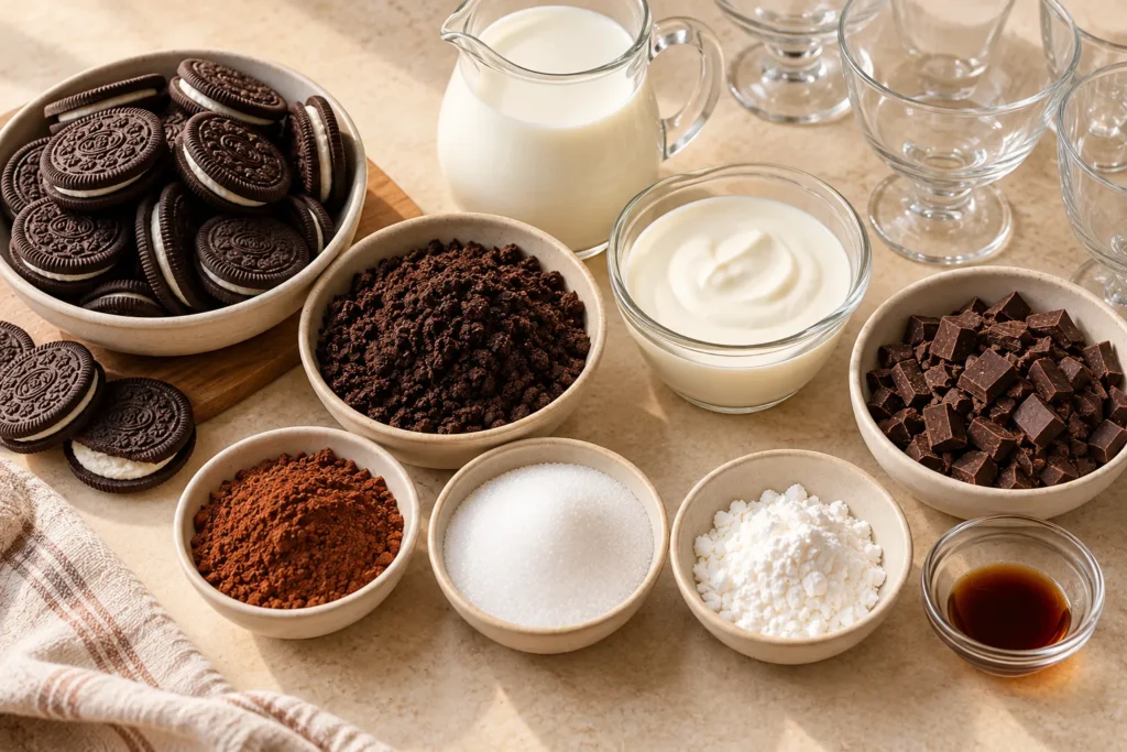Ingredients for Oreo chocolate pudding cups, including chocolate cookies, milk, cream, cocoa, and dark chocolate.