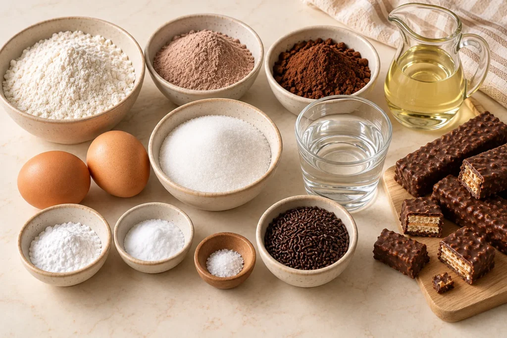 Eggs, flour, cocoa powder, chocolate milk powder, and wafer bars for steamed chocolate brownies.