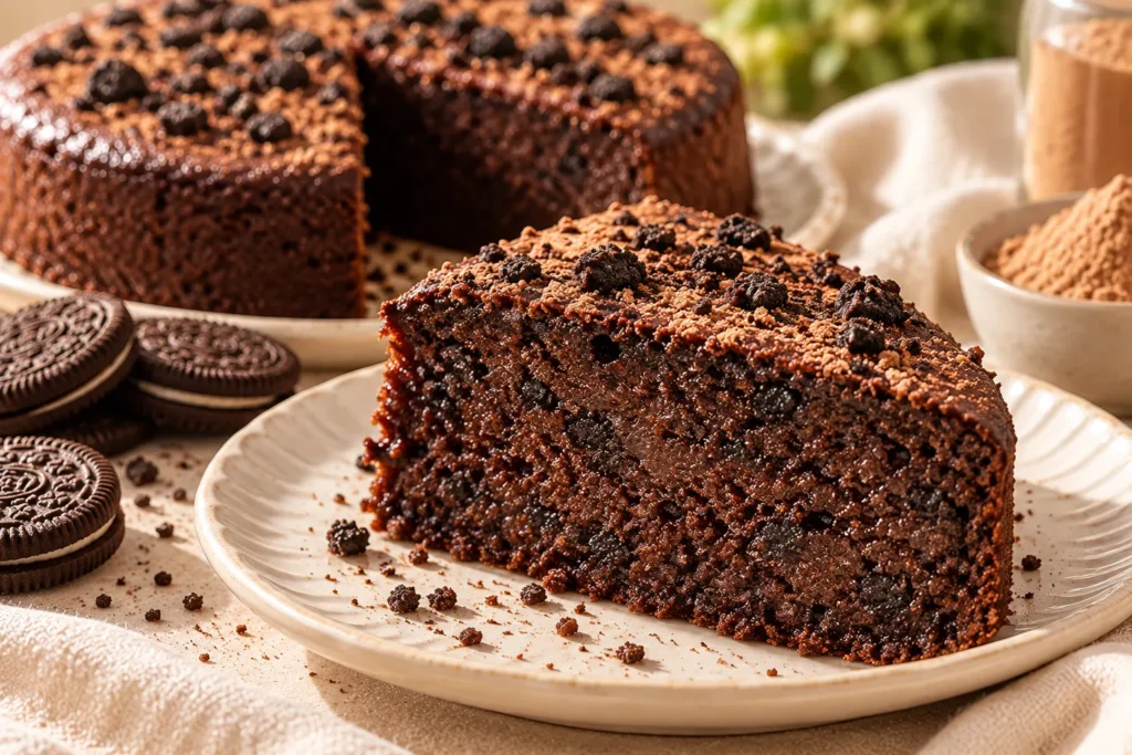 Slice of Oreo Milo chocolate cake with a moist chocolate interior and crushed Oreo cookie topping.