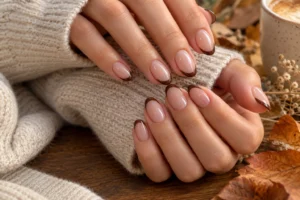 Elegant caramel swirl nails in warm early-fall colors.