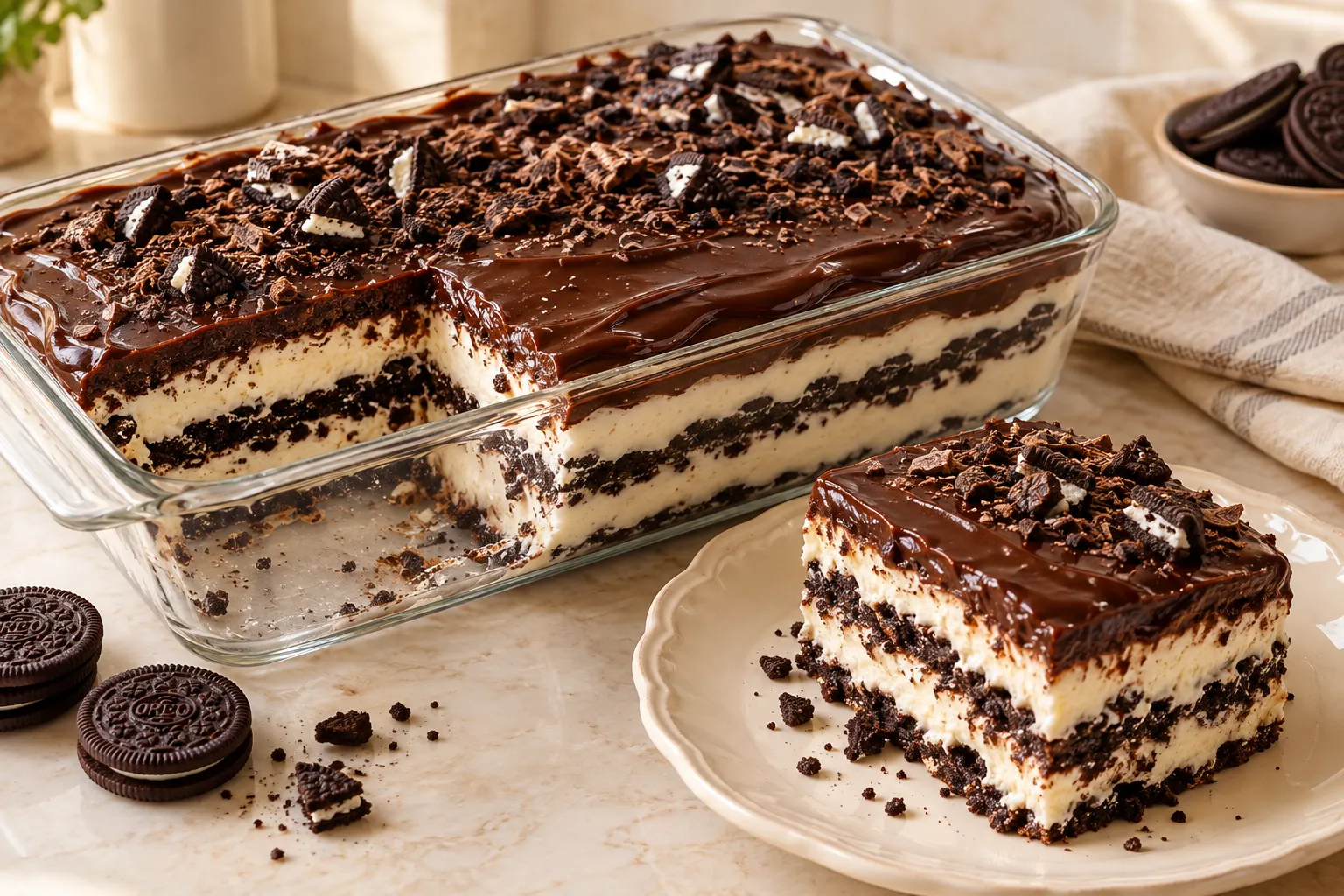 Creamy Oreo Carlota layered with chocolate sandwich cookies, smooth cream filling, and glossy chocolate fudge topping.