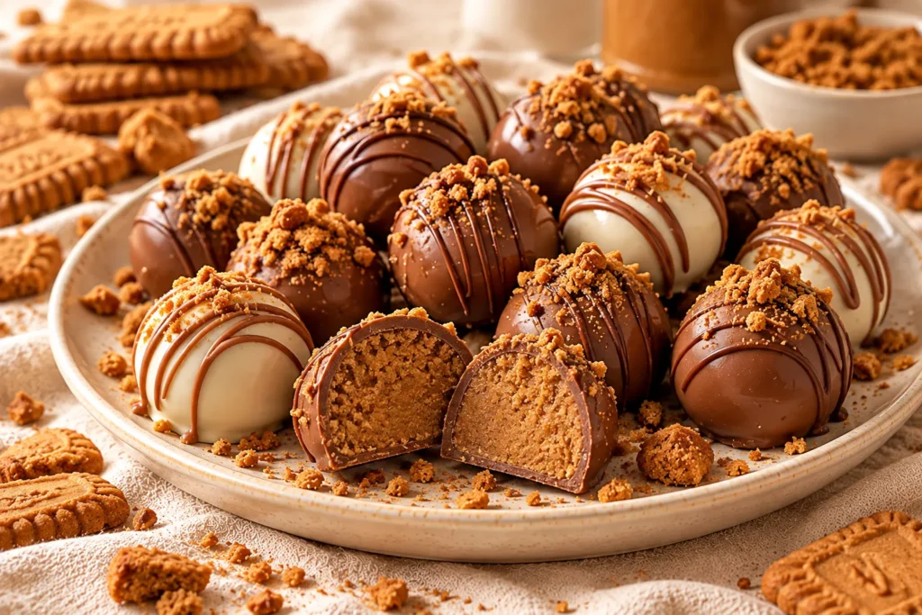No-bake Biscoff truffles coated in milk and white chocolate and decorated with crushed caramelized cookie crumbs.