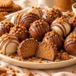 No-bake Biscoff truffles coated in milk and white chocolate and decorated with crushed caramelized cookie crumbs.