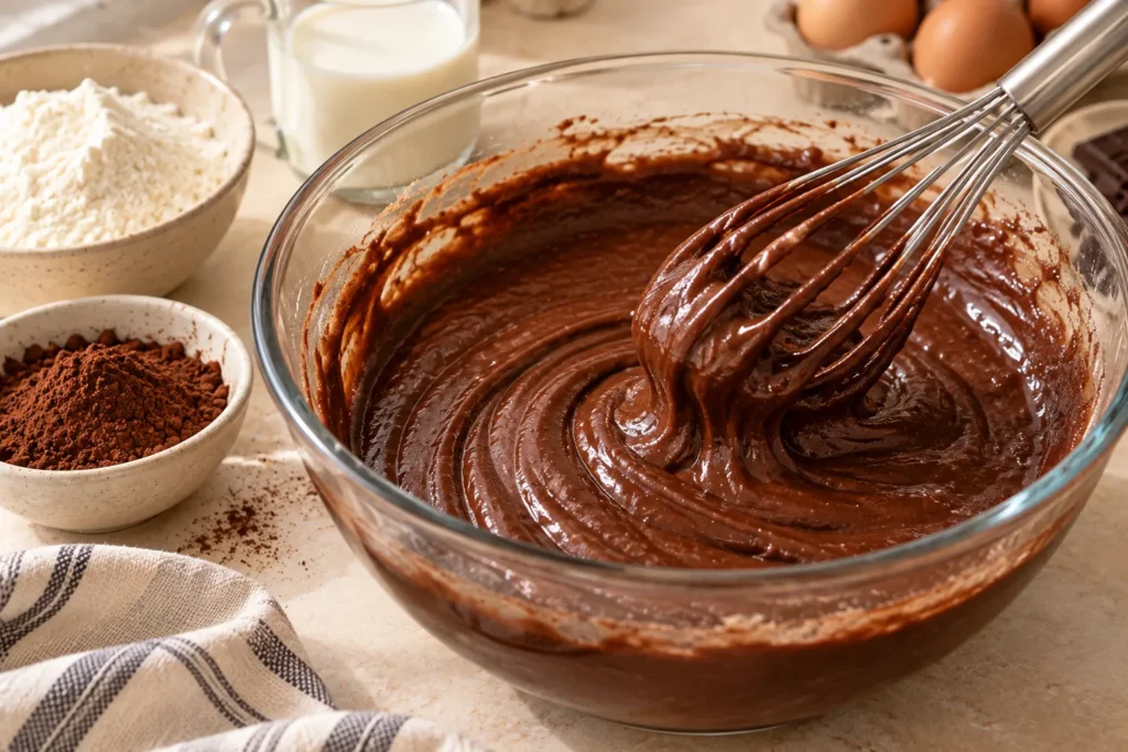 Smooth chocolate cake batter being mixed in a glass bowl before steaming.