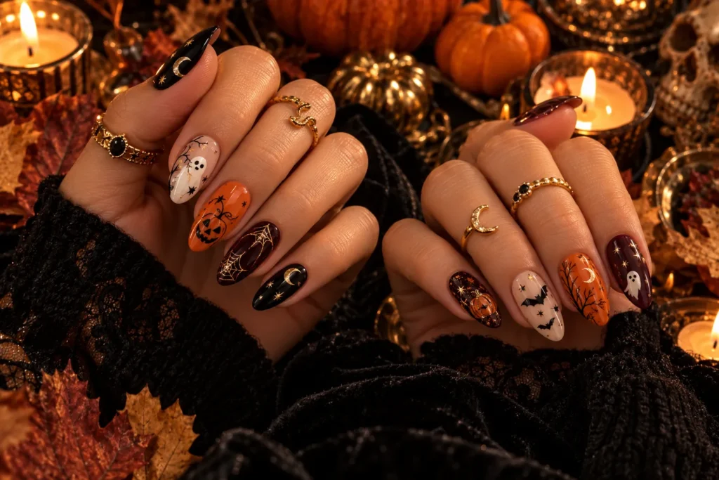 Spooky Halloween nail ideas featuring cute, creepy, and gothic designs