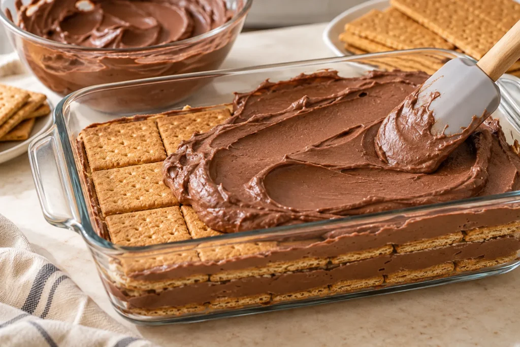 Chocolate cream being spread over graham crackers while assembling a no-bake layered chocolate cake.
