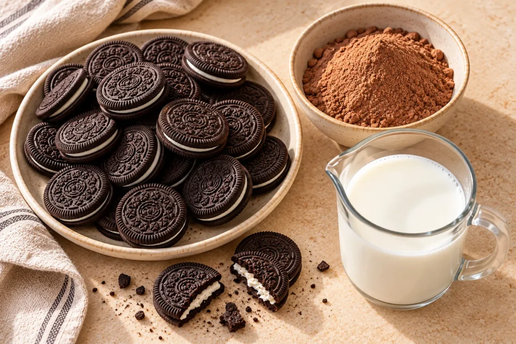 Three ingredients for Oreo Milo cake: Oreo cookies, chocolate malt powder, and milk.