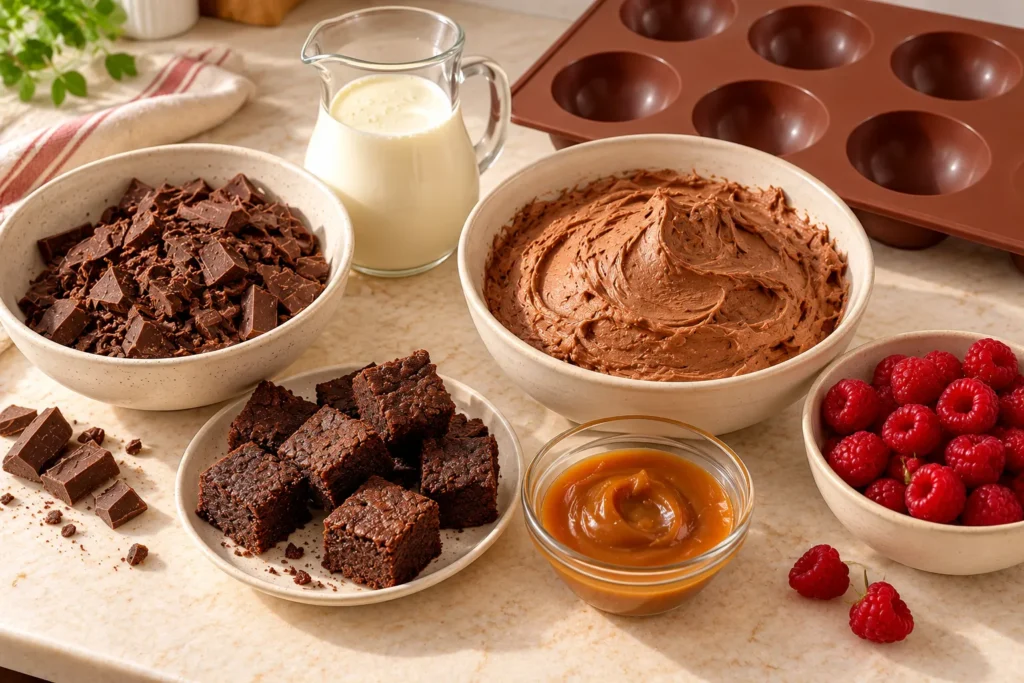 Chocolate, cream, brownie pieces, caramel sauce, and raspberries arranged for chocolate dome desserts.