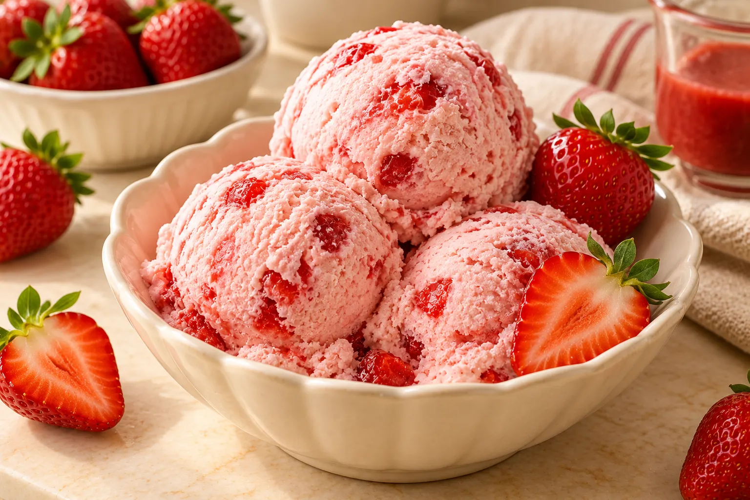 Creamy homemade strawberry ice cream with fresh strawberries and a smooth pink texture.