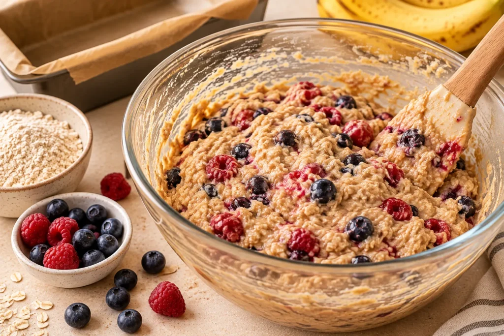 Banana oat bread batter mixed with blueberries and raspberries in a glass bowl before baking.