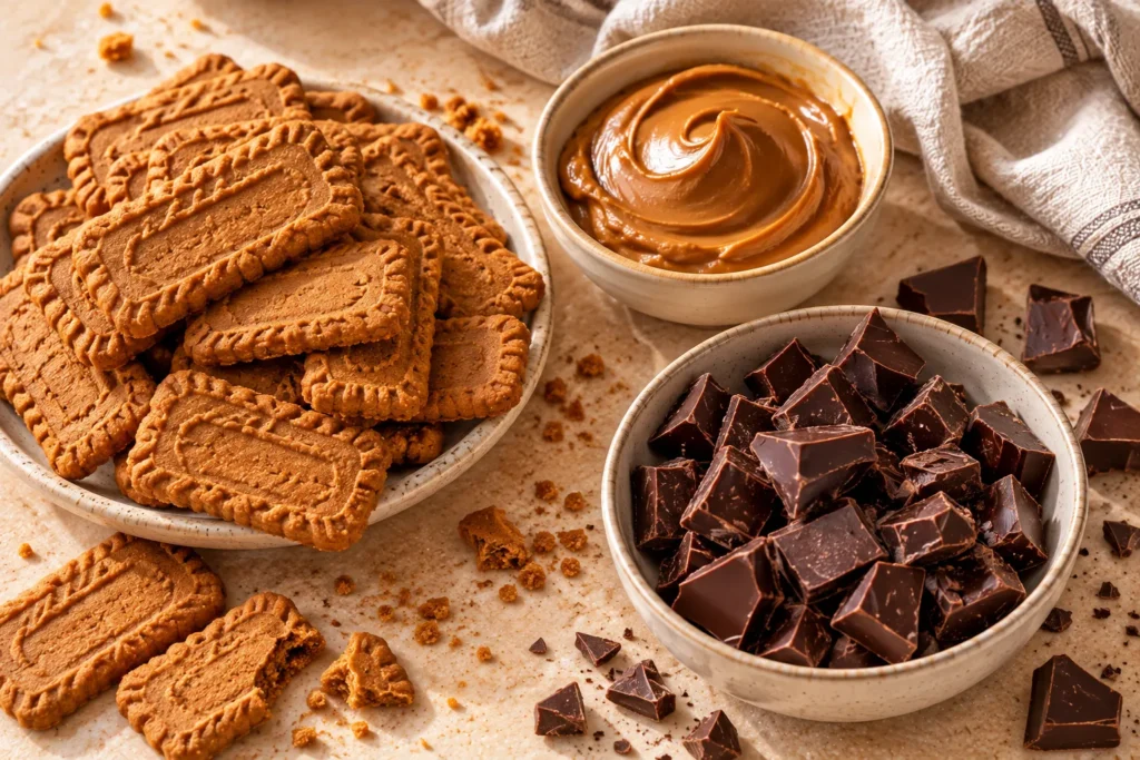 Three main ingredients for Biscoff truffles: caramelized biscuits, cookie butter spread, and chocolate.