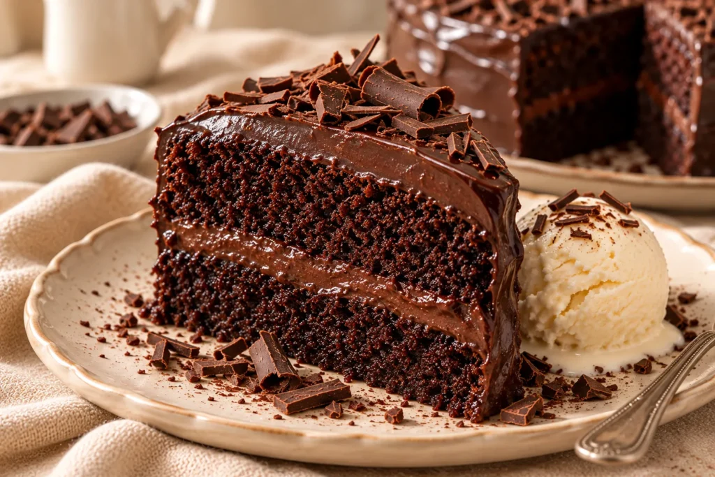 A slice of fudgy dark chocolate cake with glossy ganache and vanilla ice cream.