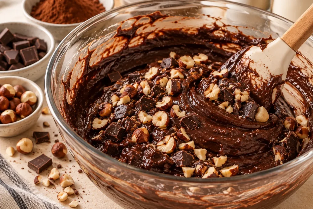 Thick dark chocolate brownie batter being folded with chopped roasted hazelnuts in a glass bowl.