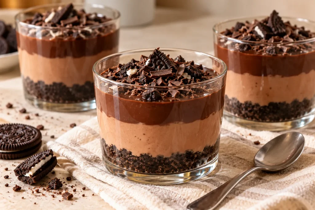 Triple-layer chocolate pudding with an Oreo cookie base, creamy Milo pudding, and rich chocolate topping.