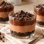 Triple-layer chocolate pudding with an Oreo cookie base, creamy Milo pudding, and rich chocolate topping.