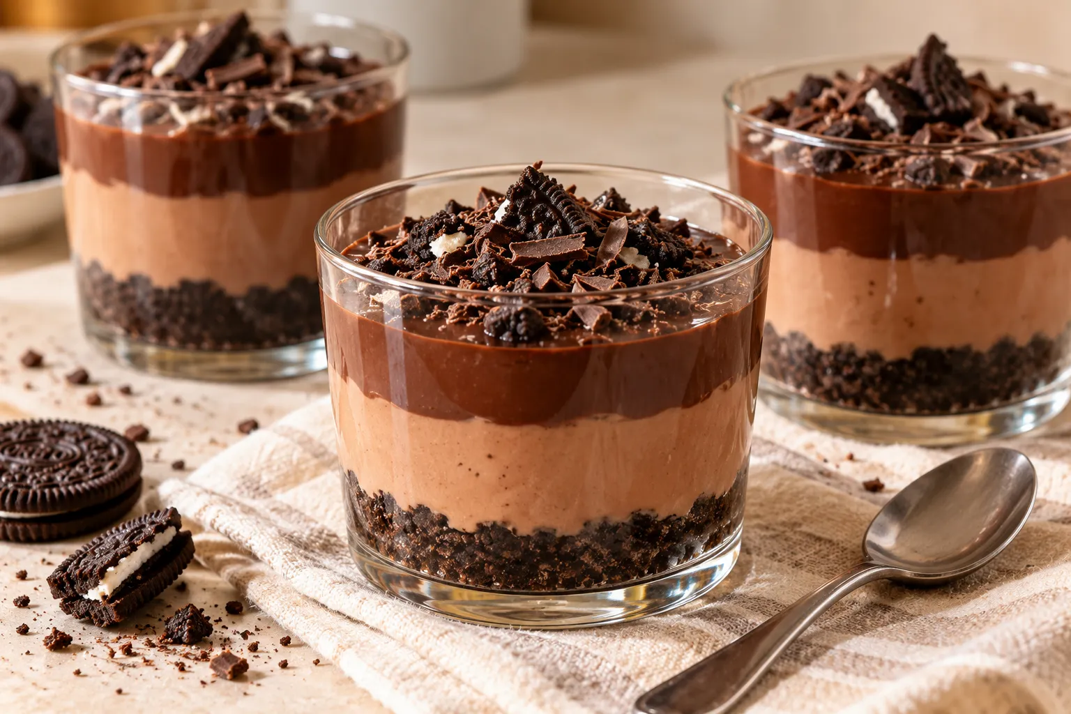 Triple-layer chocolate pudding with an Oreo cookie base, creamy Milo pudding, and rich chocolate topping.