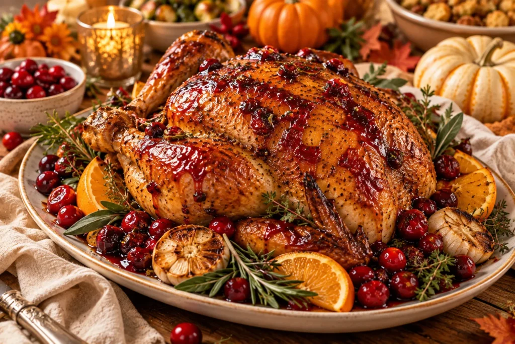 Whole roasted chicken with glossy cranberry maple glaze, cranberries, orange, and fresh herbs on a fall dinner table.