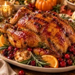 Whole roasted chicken with glossy cranberry maple glaze, cranberries, orange, and fresh herbs on a fall dinner table.