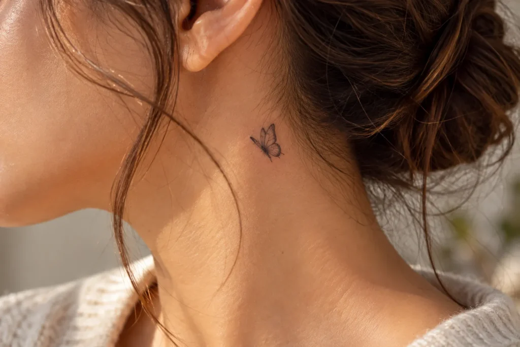 Fine-Line Butterfly Neck Tattoo