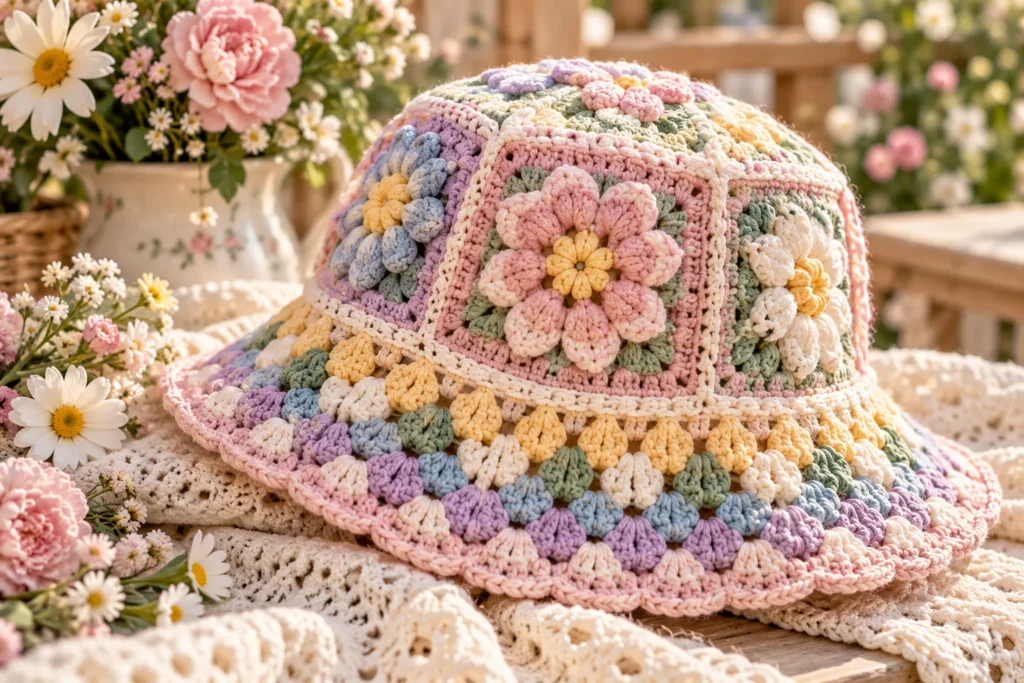Pastel Granny Square Bucket Hat