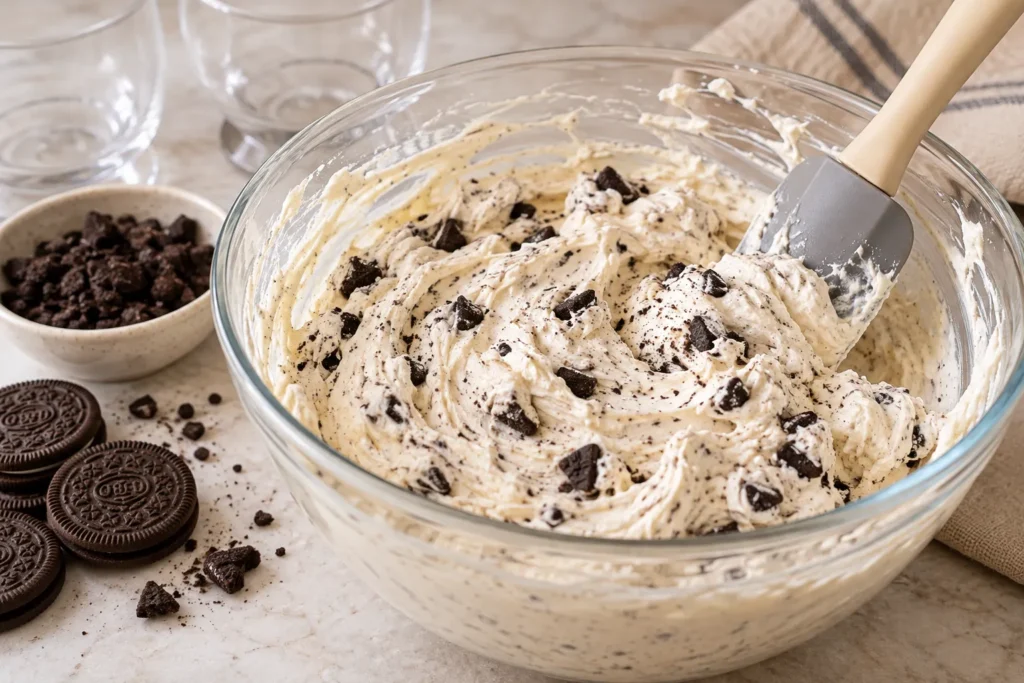 Thick creamy cheesecake filling mixed with crushed Oreo cookies for individual no-bake desserts.