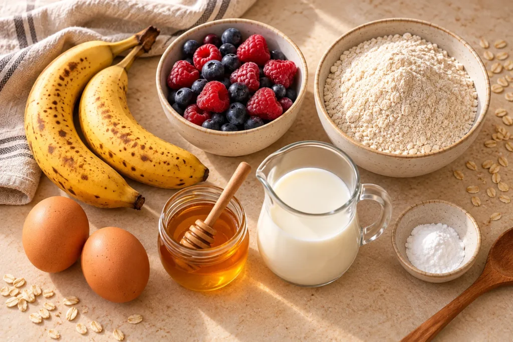Ingredients for banana berry oat bread, including ripe bananas, mixed berries, oat flour, eggs, honey, milk, and baking powder.