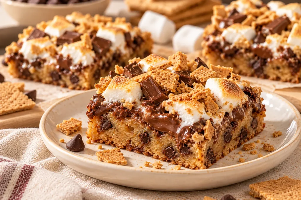 Gooey S’mores Cookie Bar with melted chocolate, toasted marshmallows, graham crackers, and a chewy cookie base.