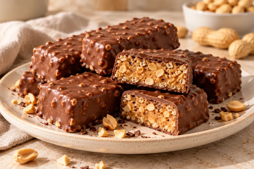 Homemade chocolate peanut bars with a creamy peanut butter filling, crunchy peanuts, and a smooth chocolate coating.