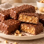 Homemade chocolate peanut bars with a creamy peanut butter filling, crunchy peanuts, and a smooth chocolate coating.