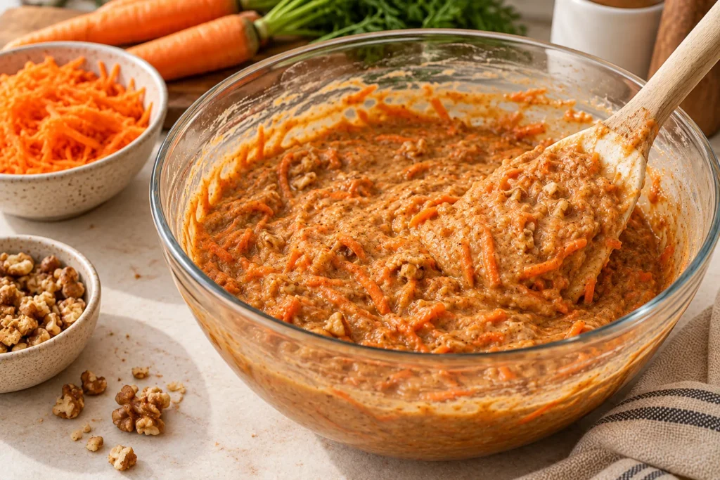 Homemade carrot cake batter mixed with freshly grated carrots, cinnamon, and brown sugar in a glass bowl.