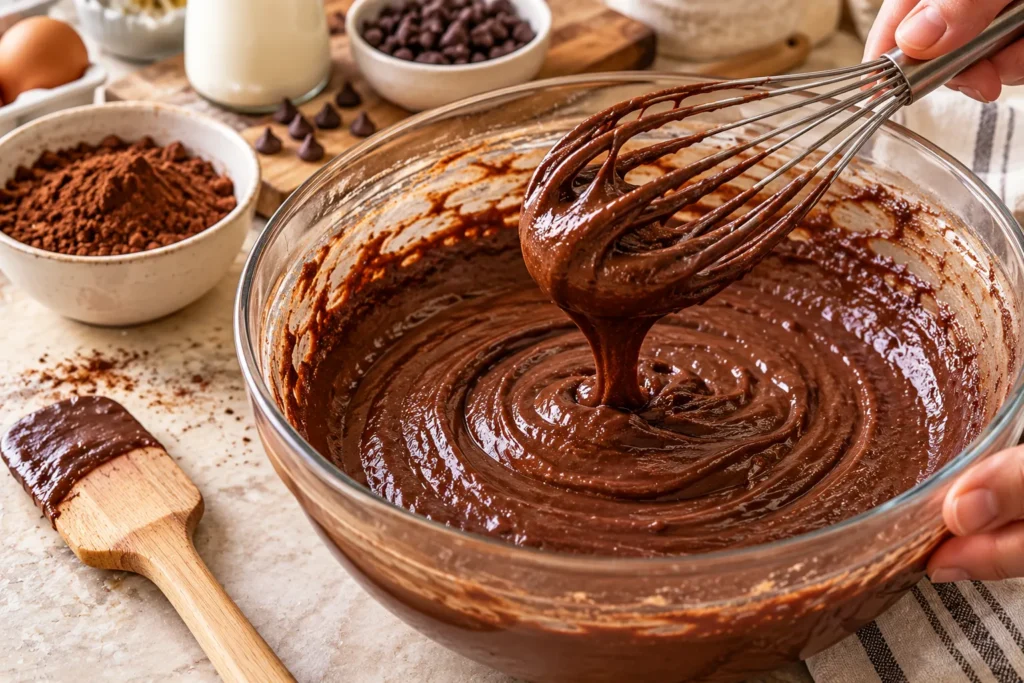 Smooth chocolate cake batter being mixed in a glass bowl before baking.