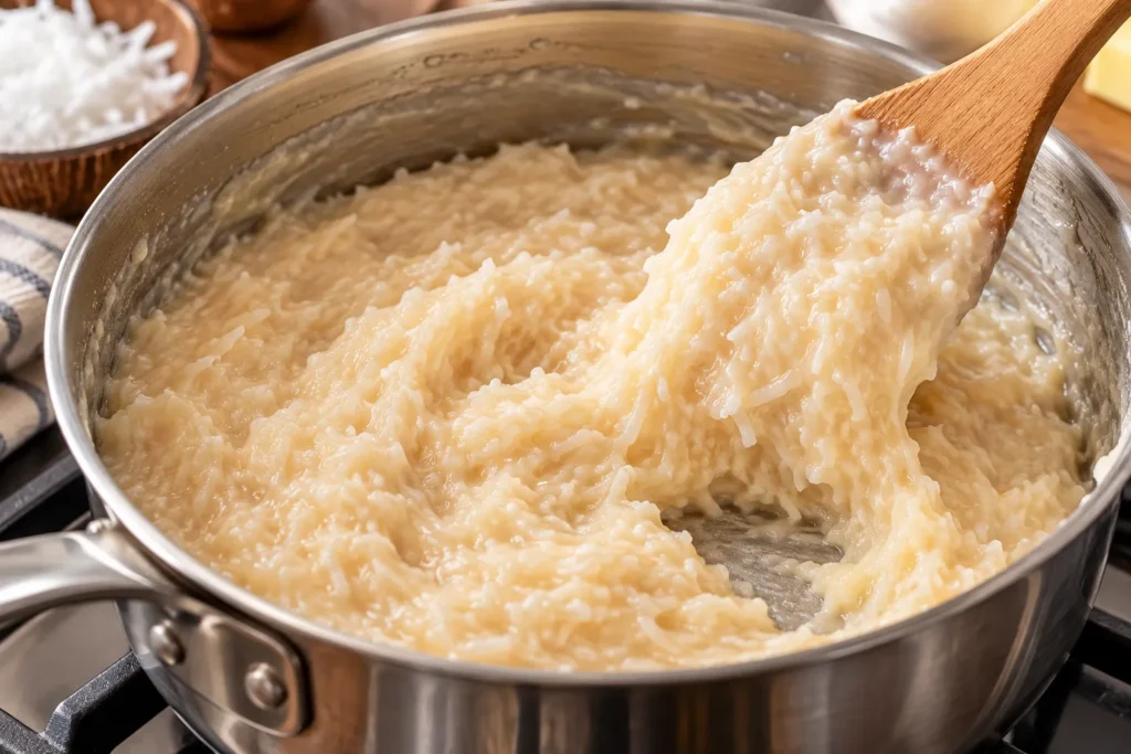Thick coconut and condensed milk mixture cooking in a saucepan for homemade Bala Baiana.
