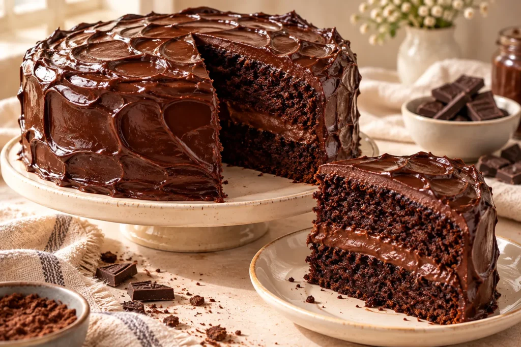 Homemade Matilda chocolate cake covered with thick chocolate ganache and showing a moist chocolate sponge.